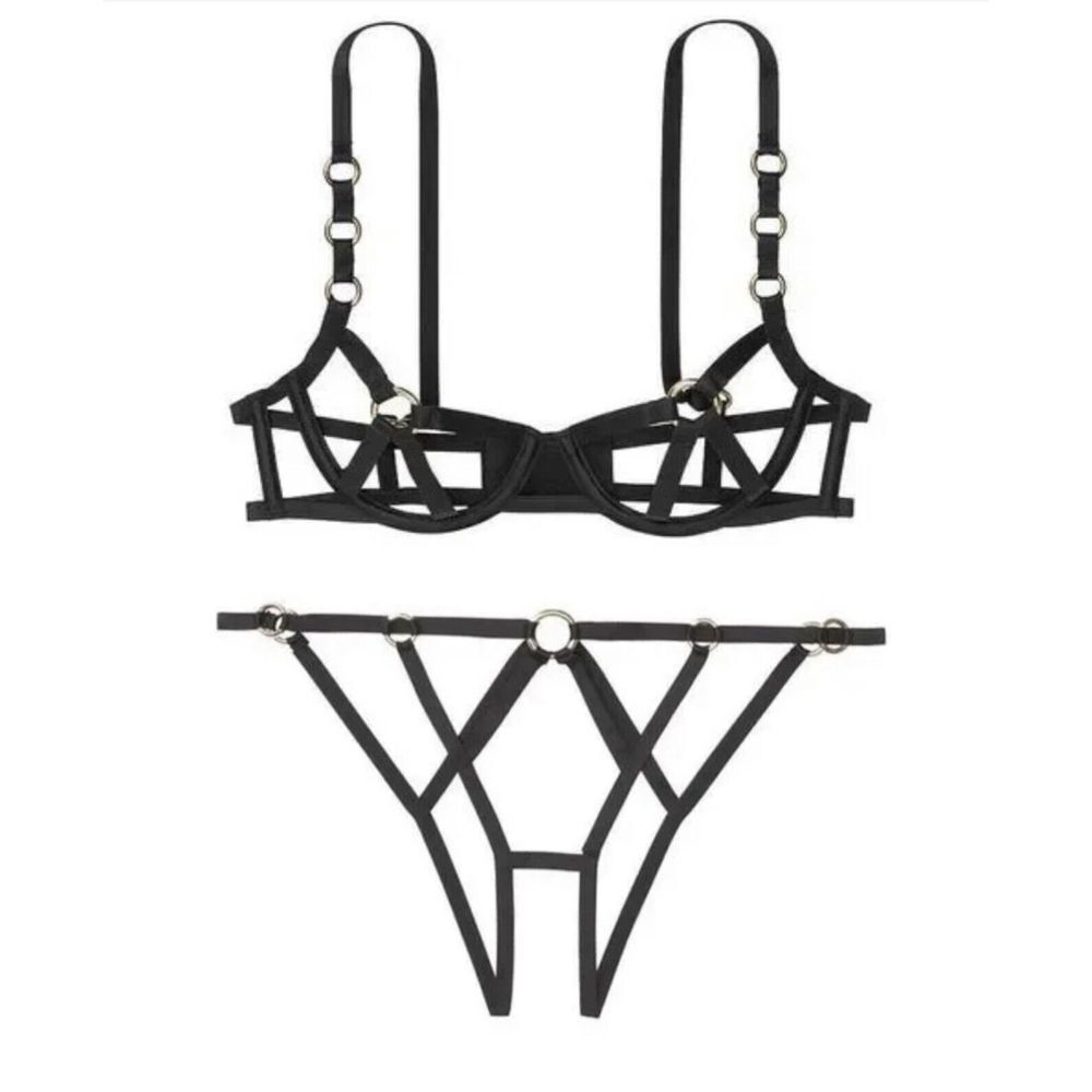 Victoria's Secret Harness Bra Set Balconet Cheekini Sz M Black‎ Strappy Rings